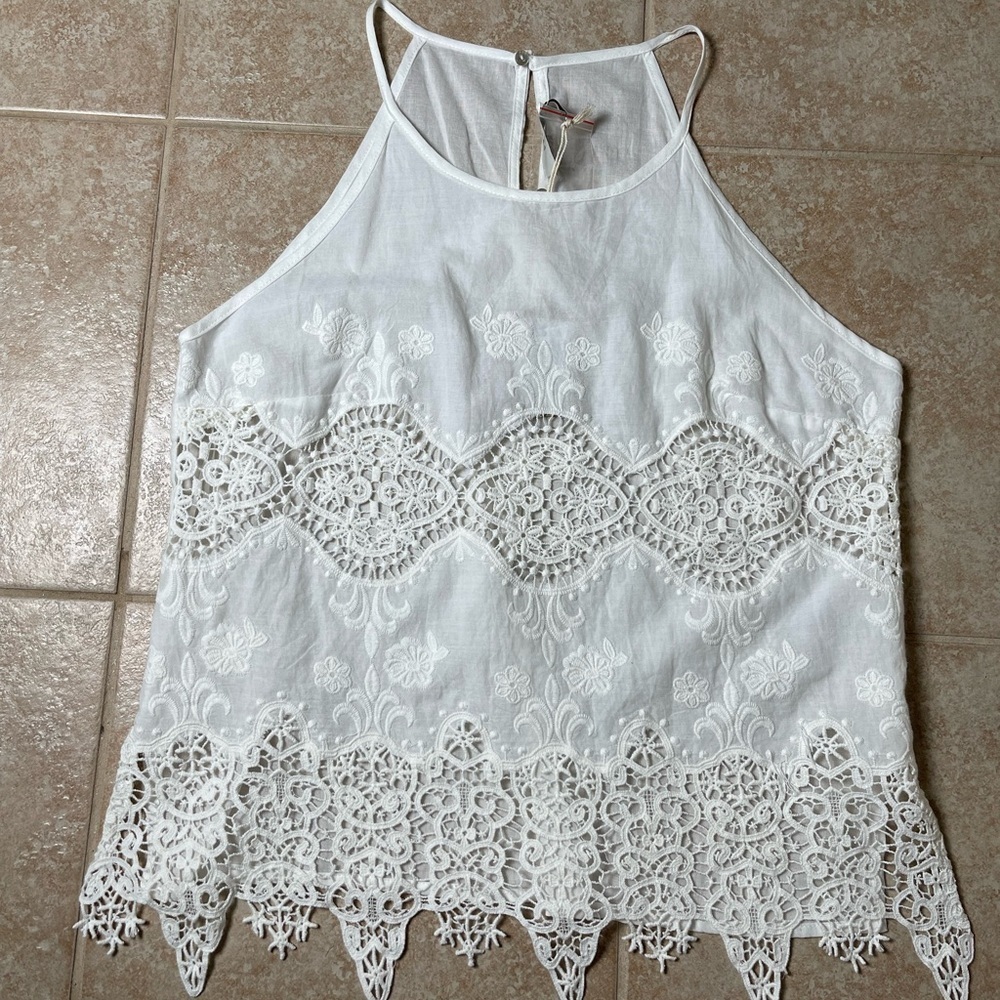 Lush Mark Ashton OffWhite Babydoll Lace Boho Scallop Top, Junior’s Size Small